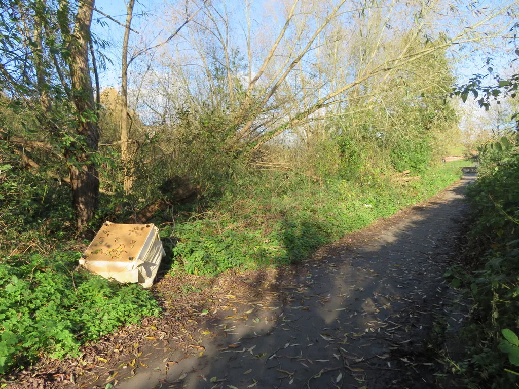 An armchair dumped beside a lane running down to the River Dee in Chester